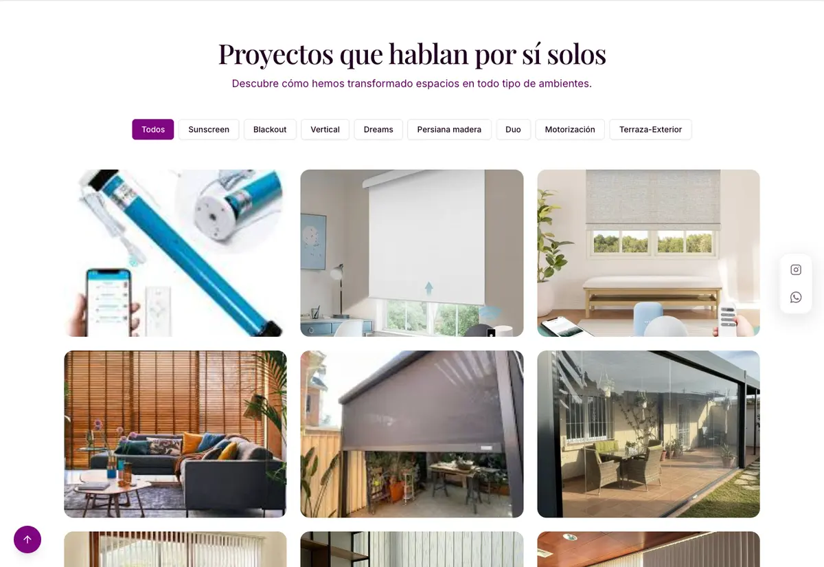 Galería de proyectos de Ideas y Roller con filtros por tipo de cortina