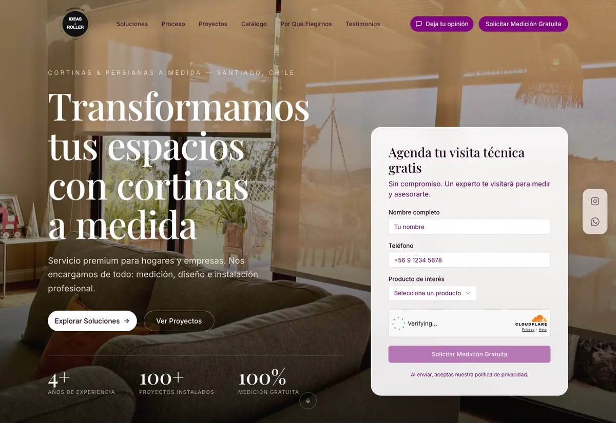 Inicio del sitio de Ideas y Roller con formulario para agendar una visita técnica gratuita
